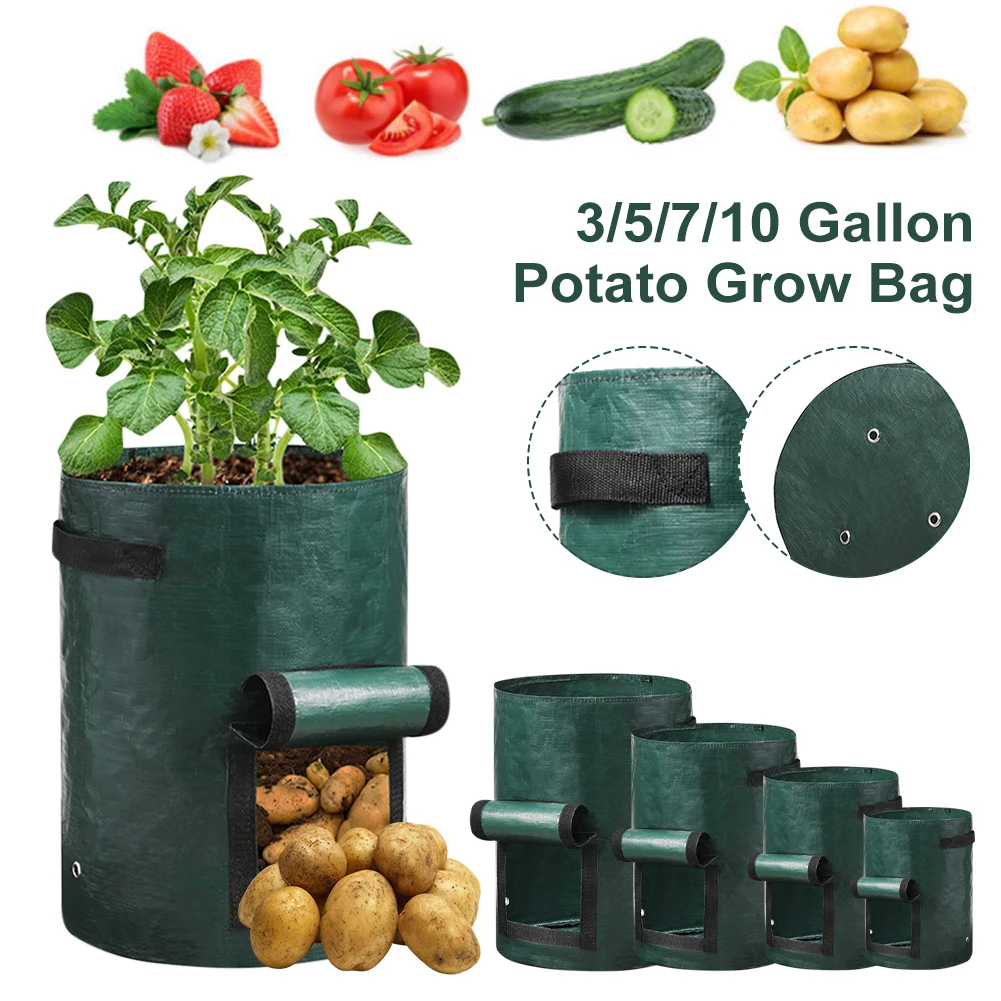 10 gal. Grey and Black Potato Grow Bags with Flap Lid, with Handles and Harvest Window (4-Pack), Black/ Grey