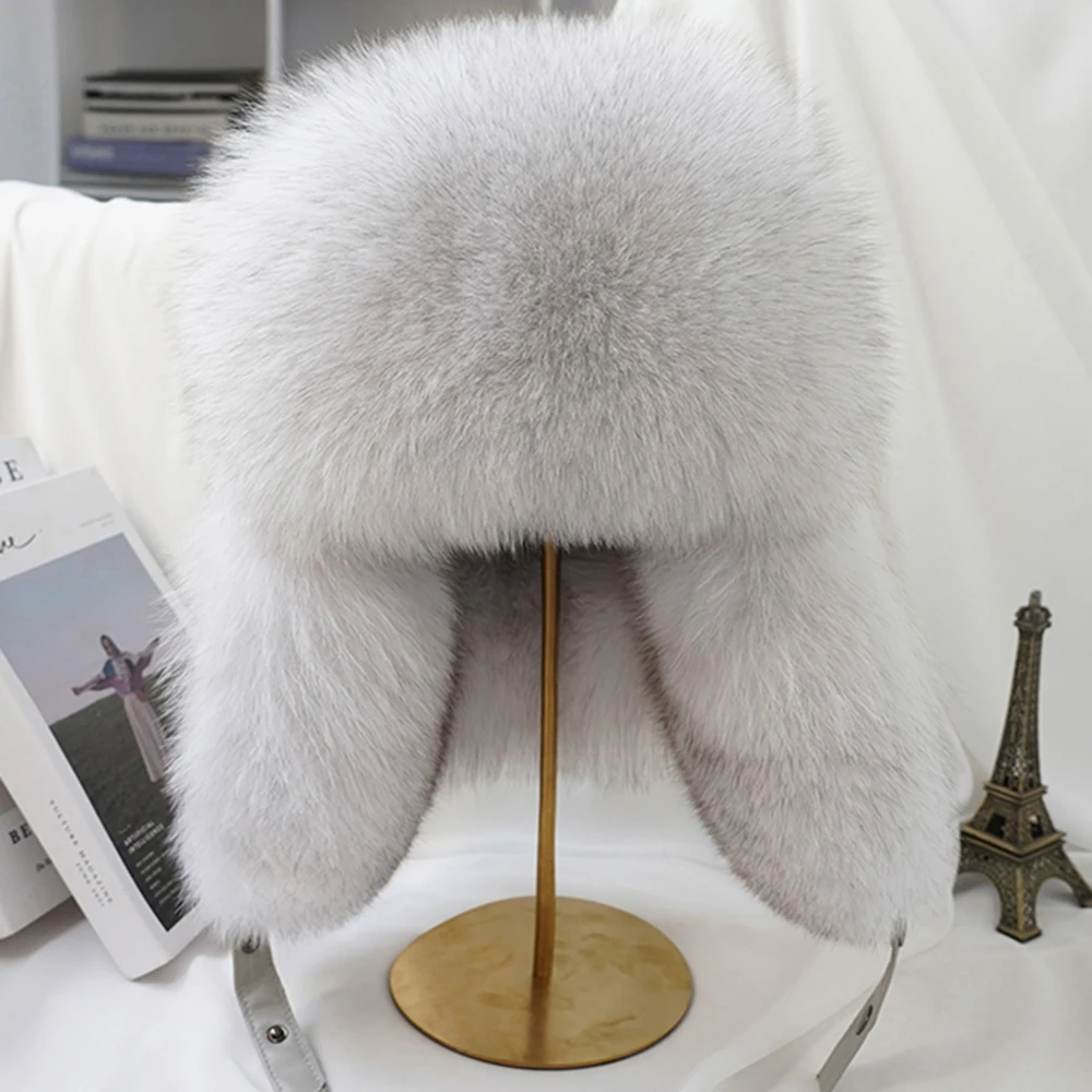 Winter Men's 100% Real Silver Fox Fur Aviator Bomber Hat Raccoon Fur Ushanka Cap Trapper Russian Man Ski Hats Caps Real Leather 6