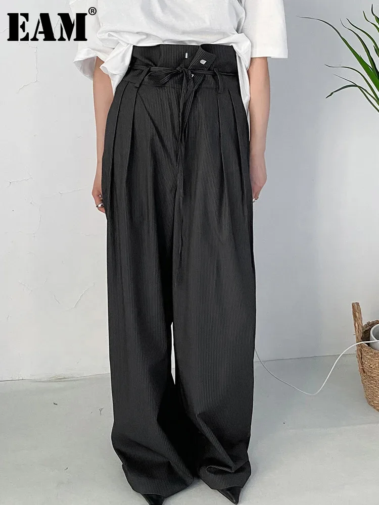 

[EAM] High Waist Gray Striped Bandage Long Wide Leg Pants New Loose Fit Trousers Women Fashion Tide Spring Autumn 2024 1DF1454