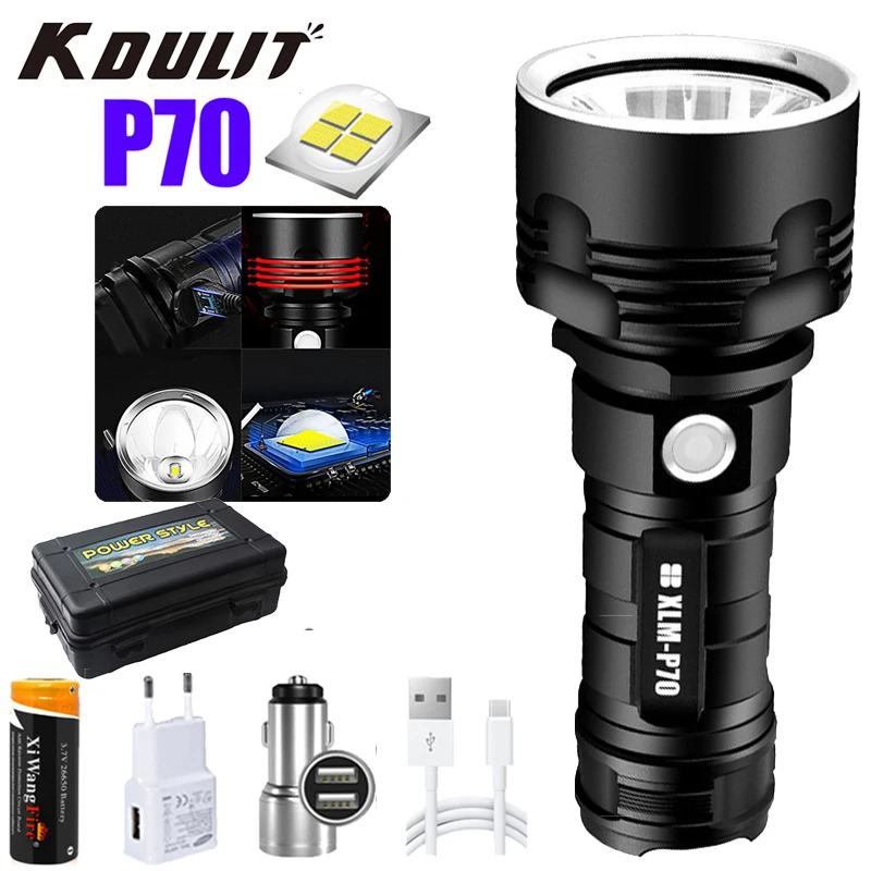 KDULIT Powerful LED Flashlight L2 P70 Tactical Lamp USB Charging Flashlights Outdoor 26650 Battery Rechargeable Torch Light