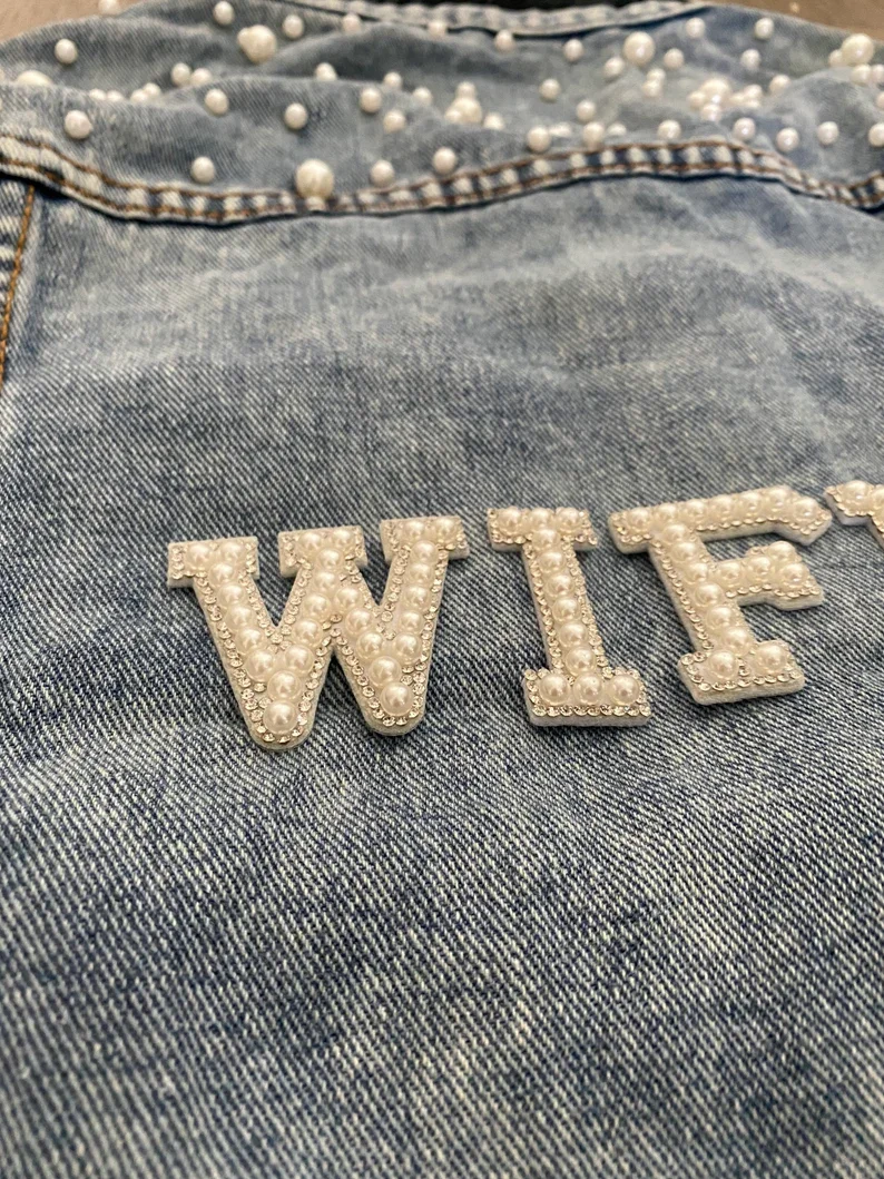 BRIDE Rhinestone and Pearl Denim Jacket Custom Mrs. Jean Jacket Wifey Denim Personalized Bridal Wedding Jacket Bride to Be Coats