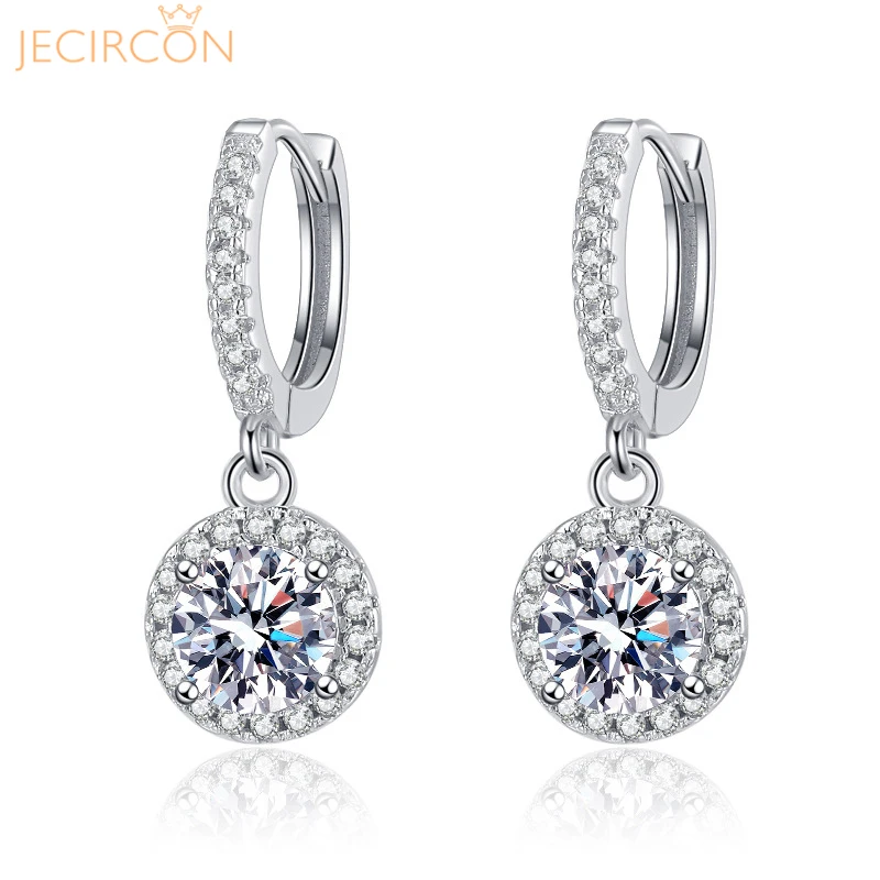 

JECIRCON 925 Sterling Silver Hoop Earrings for Women 1 Carat Moissanite Luxury Round Bag Ear Pendants Grace Shiny Silver Jewelry