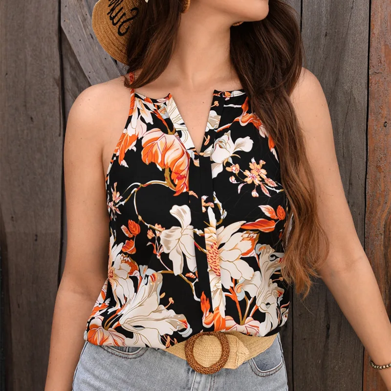 

Женская одежда с цветочным узором без рукавов с V-образным вырезом на бретельках модная женская майка
