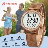 Hearkent Women's Digital Watch Sports Pedometer Fashion Crystals Dial Ladies Watches Stainless Steel Waterproof 30M Wristwatches