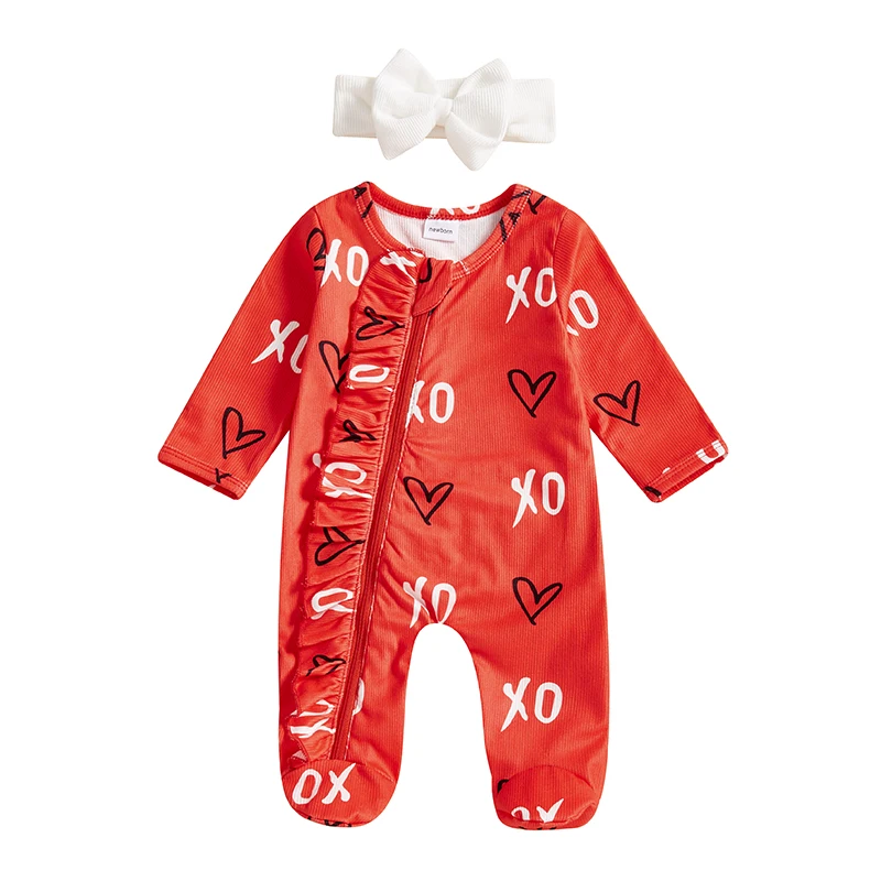 Pudcoco Baby Girls Valentine's Day Jumpsuit Long Sleeve Round Neck Letter Heart Print Oblique Zipper Romper with Headband