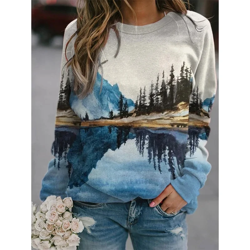 

Autumn Ink Landscape Painting Hoodies 3D Print Sweatshirts Woman Long Sleeve Y2k O-neck Streetwear Pullovers Women Clothes
