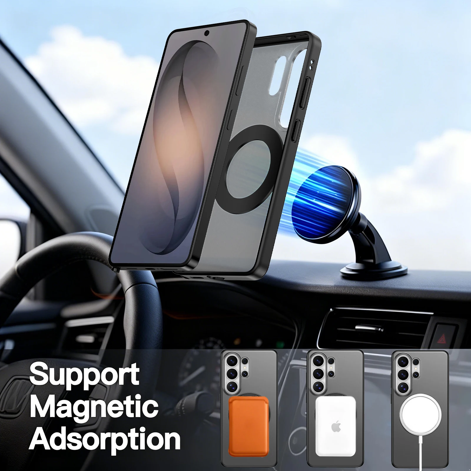 Translucent Armor Magnetic Phone Case with 360° Rotating Bracket and Matte Finish