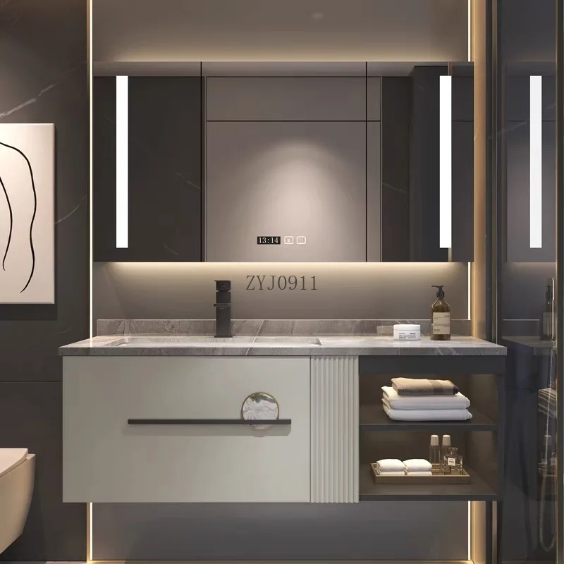 *Light luxury rock slab bathroom cabinet combination oak solid wood smart bathroom cabinet
