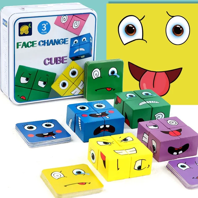 Kids Educational Game Montessori Toy Expression Puzzle Face Change Cube Wood Building Blocks Family Party Toys 5