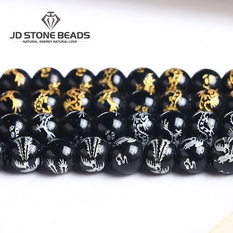 

Quality Black Glass Buddha Bead Carved Gold Silver Color Dragon Charm Beads For Jewelry Making Diy Bracelets Necklace Accessory