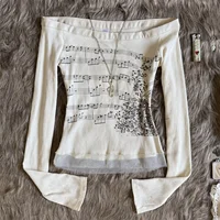 Gaono Hauts à épaules dénudées pour femme, manches longues, imprimé note de musique, T-shirt ajusté, chemisier à volants, Coquette Y2K, Streetwear 1