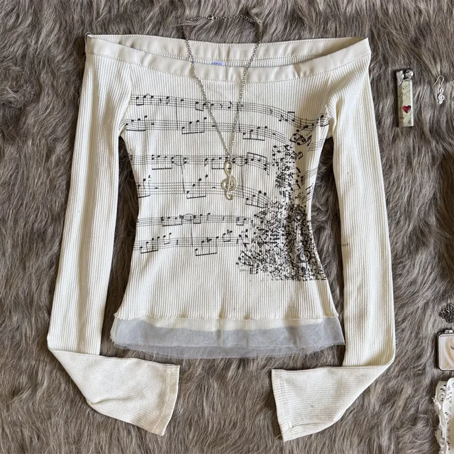 Femmes Y2K graphique à manches longues haut épaules dénudées partition musicale T-Shirt esthétique fée Grunge T-Shirt 2025 automne Streetwear 1