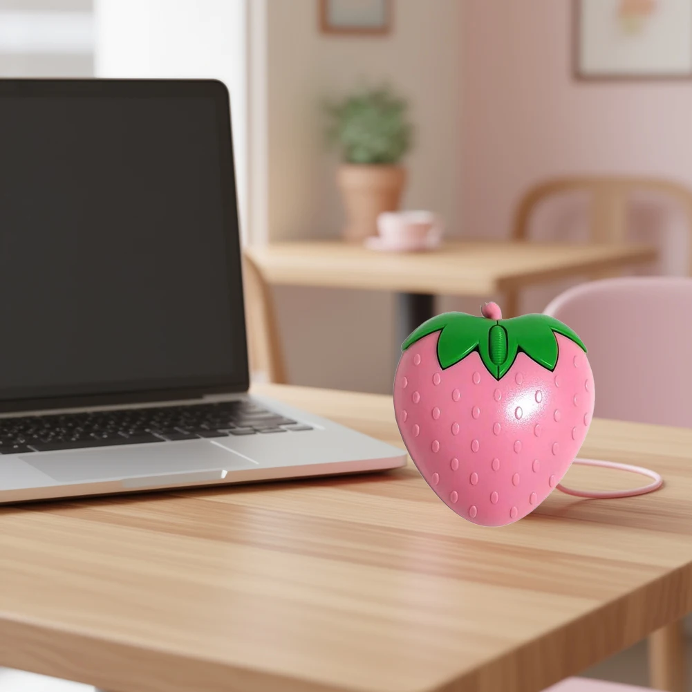 Compact Pink Strawberry Wired Optical Mouse - Cute Gift