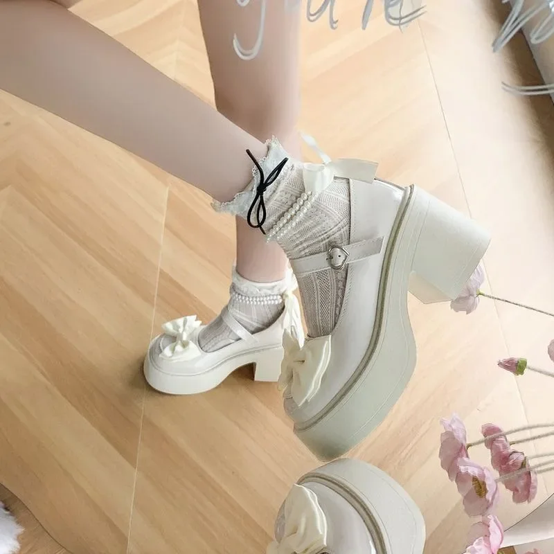 Women's High Heels 2024 High Quality Square Heels Mary Jane Bow Round Toe Buckle Dress Party Women's High Heels Chaussure Femme 5