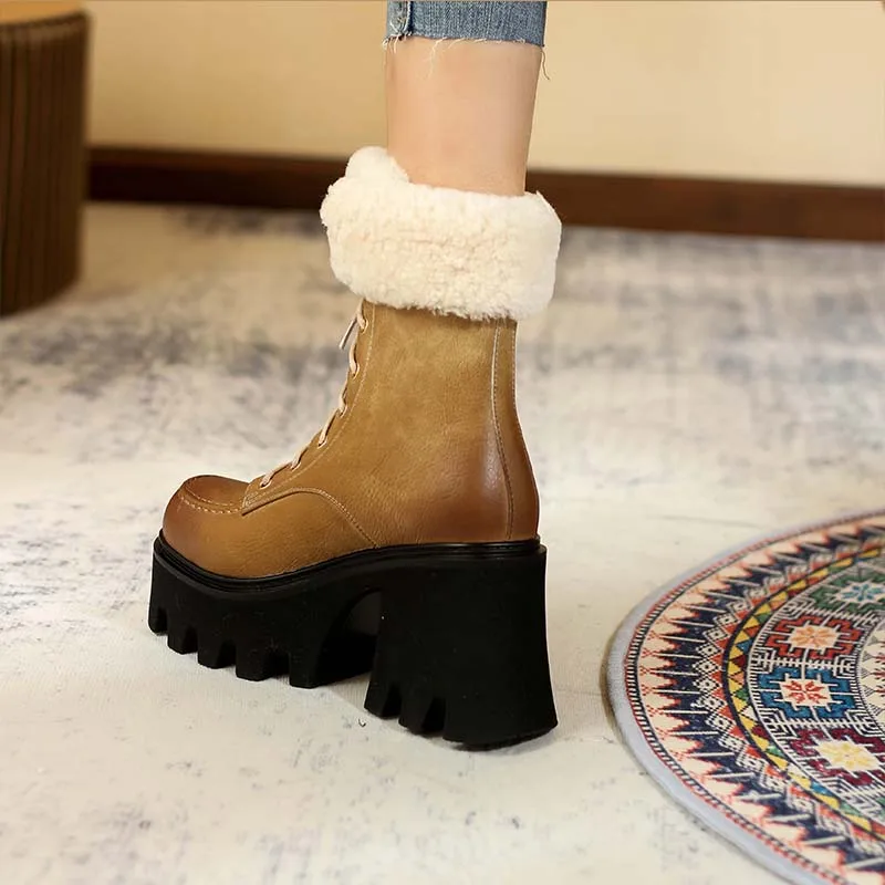 

2022 European winter boots natural leather warm snow boots 22-24.5cm Fur one cowhide+wool mid-calf boots lace up Woolen boots