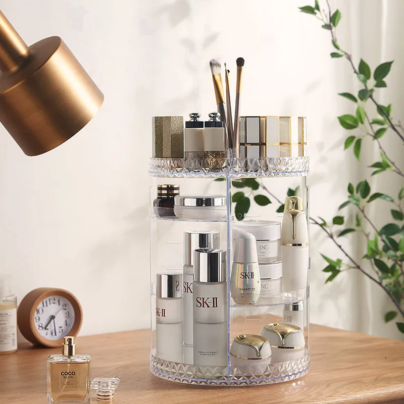 360 degree rotating transparent cosmetic storage box, desktop dressing table, skincare products, lipstick brushes, storage rack 3