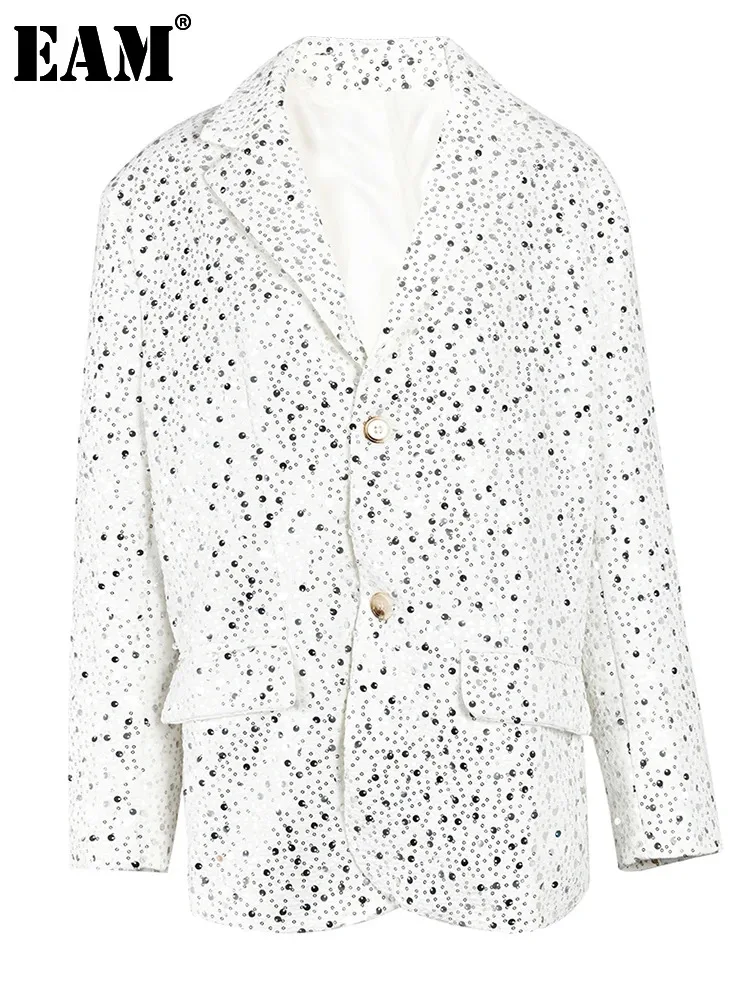 

[EAM] Women Gray Sequins Big Size Casual Blazer New Lapel Long Sleeve Loose Fit Jacket Fashion Tide Spring Autumn 2024CPG0020
