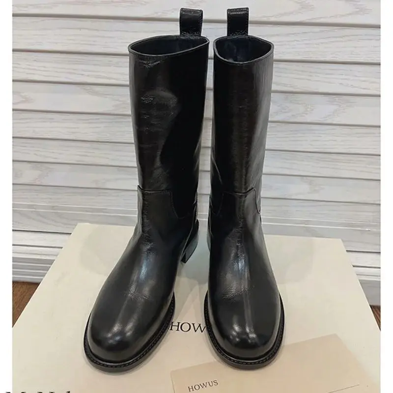 

Женские прямые ботинки-лодочки Dermis, черные ботинки средней длины в стиле ретро с круглым носком и нескользящей подошвой на массивном среднем каблуке