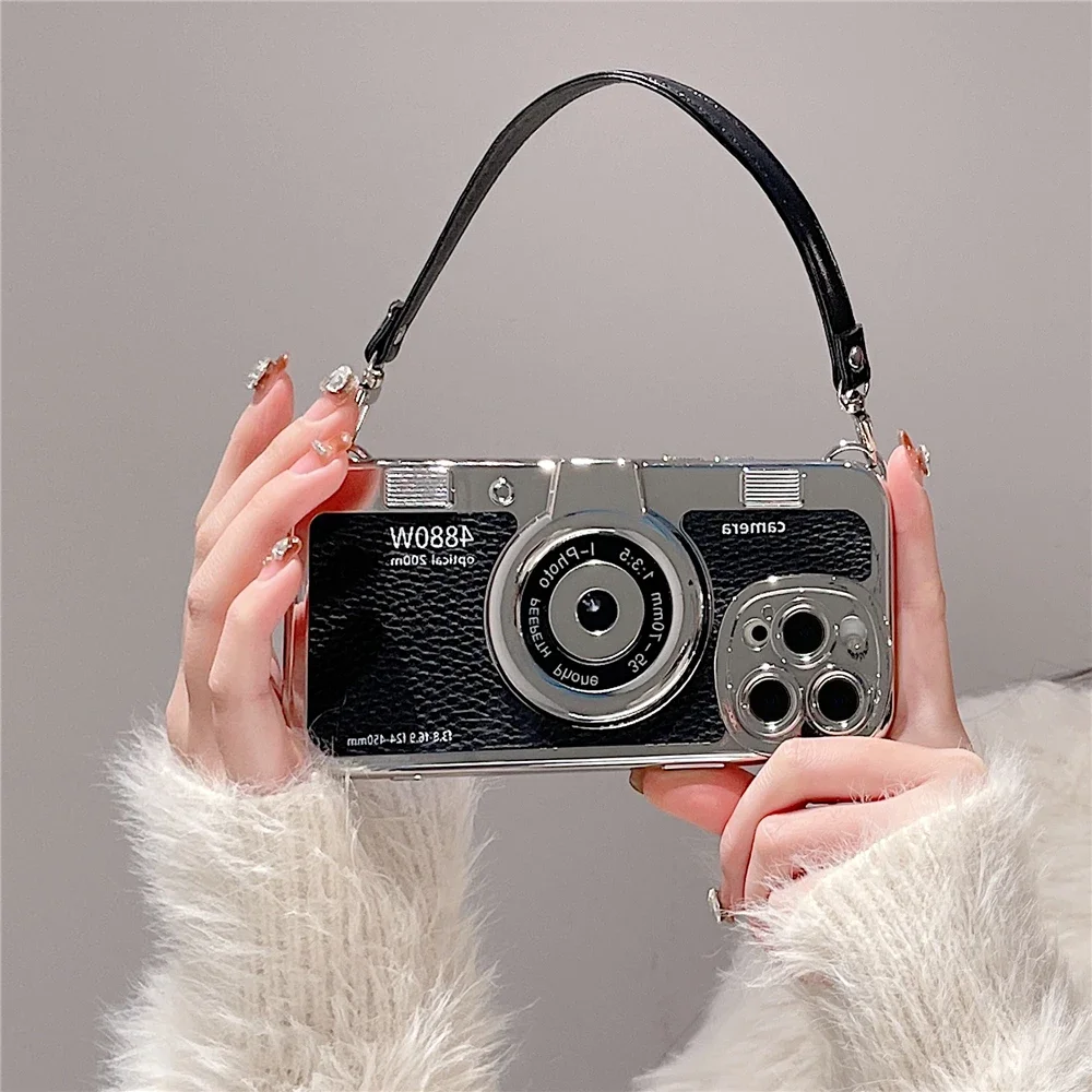 Luxury Retro Stereo Camera Hand Lanyard Phone Case with Leather Pattern