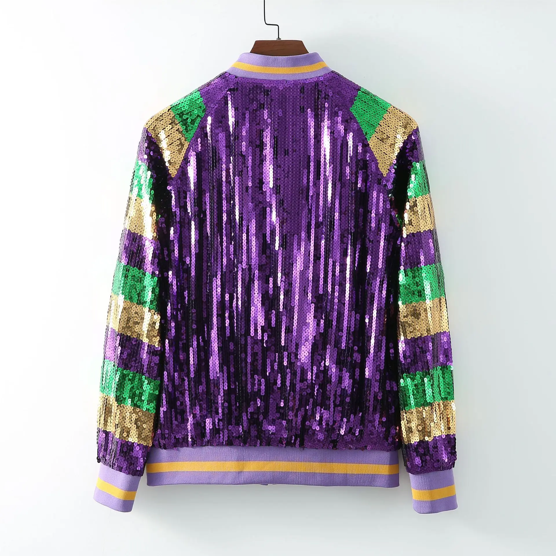 CHIC Ins European American Harajuku Punk Women Sequined Jacket Striped Long Sleeves Baseball Bomber Zipper Top Street Outerwear