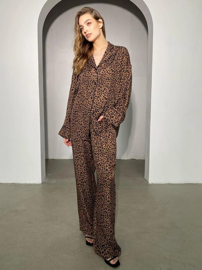 Marthaqiqi Leopard Print Women'S Nightgowns Suit Long Sleeve Nightwear Sexy Turn-Down Collar Sleepwear Pants Fashion Pajamas Set