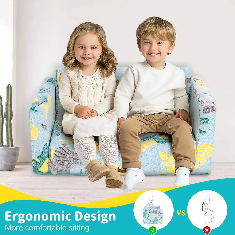 2-in-1 Kids Couch Toddler Chair Foldable Glow in Dark Sofa Recliner Indoor Play Nap Dinosaur Design 4