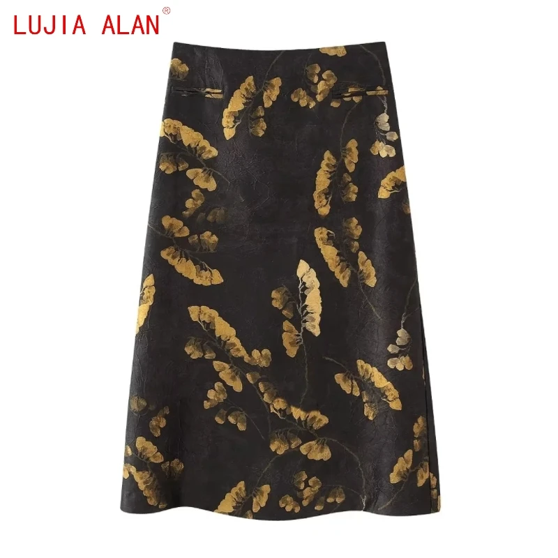 

New Women Flower Printed Wrinkle Fabric Midi Skirts Female Casual High Waist Side Zipper Loose Street Clothing LUJIA ALAN P5330