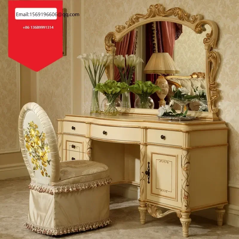 

European custom solid wood dressing table French luxury hand carved mirror stool Princess bedroom furniture