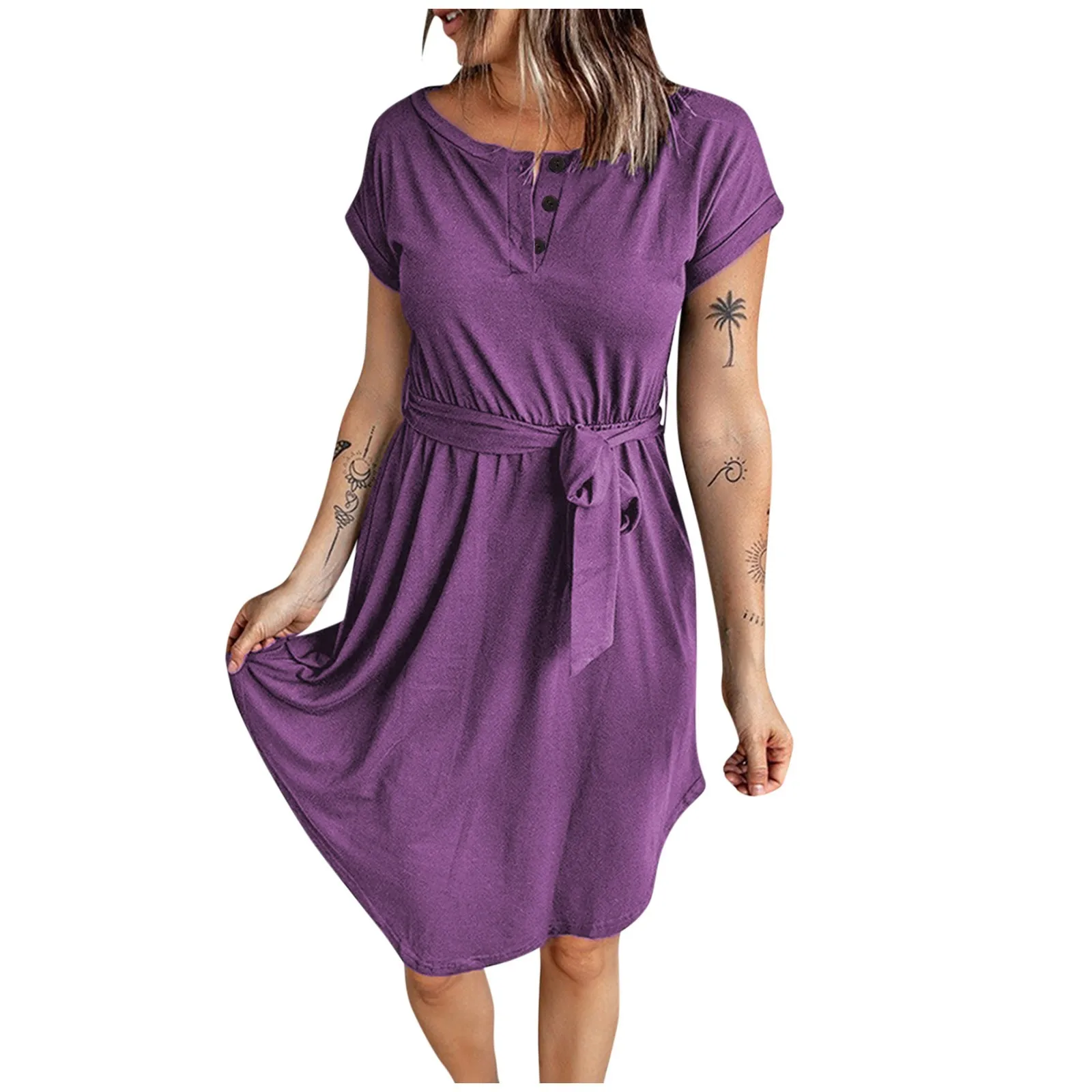 

New Faldas Mujeres Women's V-Neck Button Short Sleeve Dress Solid Color With Belt Sleeve Casual Dress Ropa Mujer Juvenil