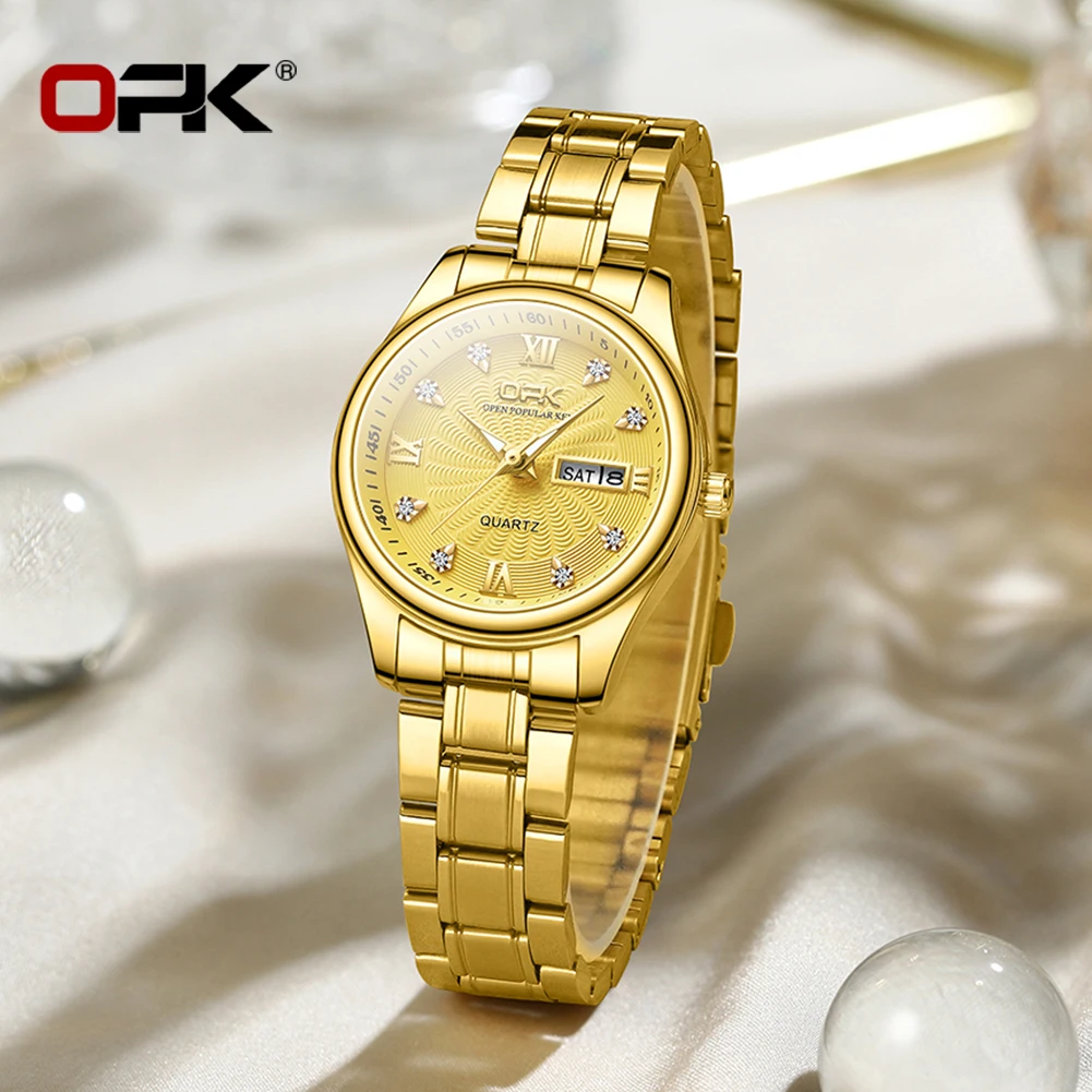 OPK 8103 Elegant Women's Watch Luxury Brand Stainless Steel Waterproof Watch Double Calendar Diamond Business Women Quartz Watch 2