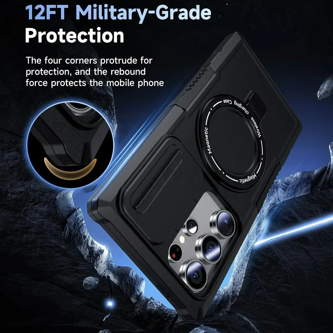 Magnetic Slide Camera Case with Heavy Duty Shock Absorption and Kickstand Cover