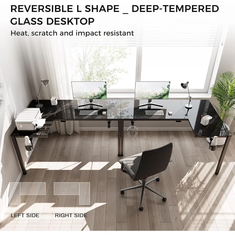 RGB LED Lights 60 Inch L Shaped Reversible Black Glass Gaming Desk Home Office Computer Table GTG L60 4