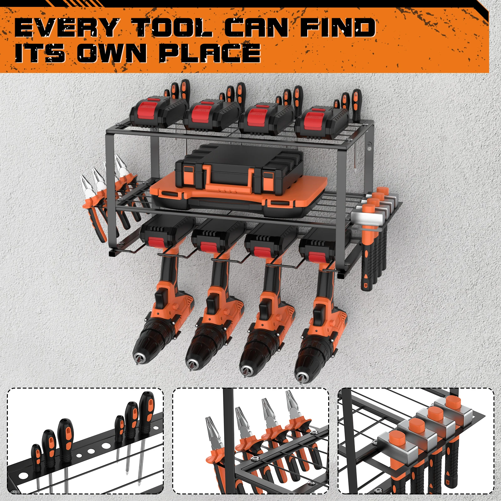 Power Tool Storage, 3 Layer Power Drill Tool Holder, Floating Tool Shelf Wall Mounted Tool Storage Rack for 4 Drill Holders: 3 - 5 Days Free Delivery only UK