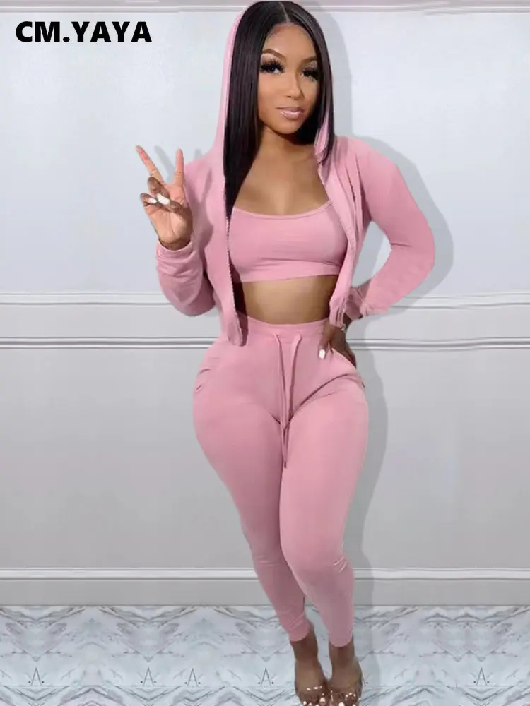 Cm.yaya Women Sportwear Fashion 3-piece Set Outfits Hooded Track Jacket +  Tank + Jogger Pants Suit Active Tracksuit Sweatsuit - Pant Sets - AliExpress