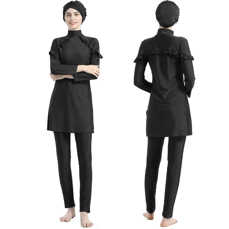 

Women's Modest Swimsuits Muslim Swimwear Hijab Swimsuit Islamic Short Sleeve Swimming Sets Black Three-Piece Swimsuit