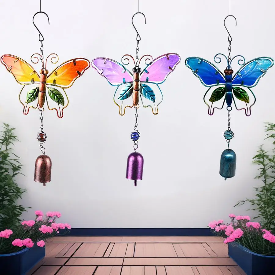 Creative Beautiful Butterfly Wind Chime Metal Iron Art Glass Painted Garden Porch Terrace Hanging Decoration Spring Festival Celebration Mother's Day Decoration