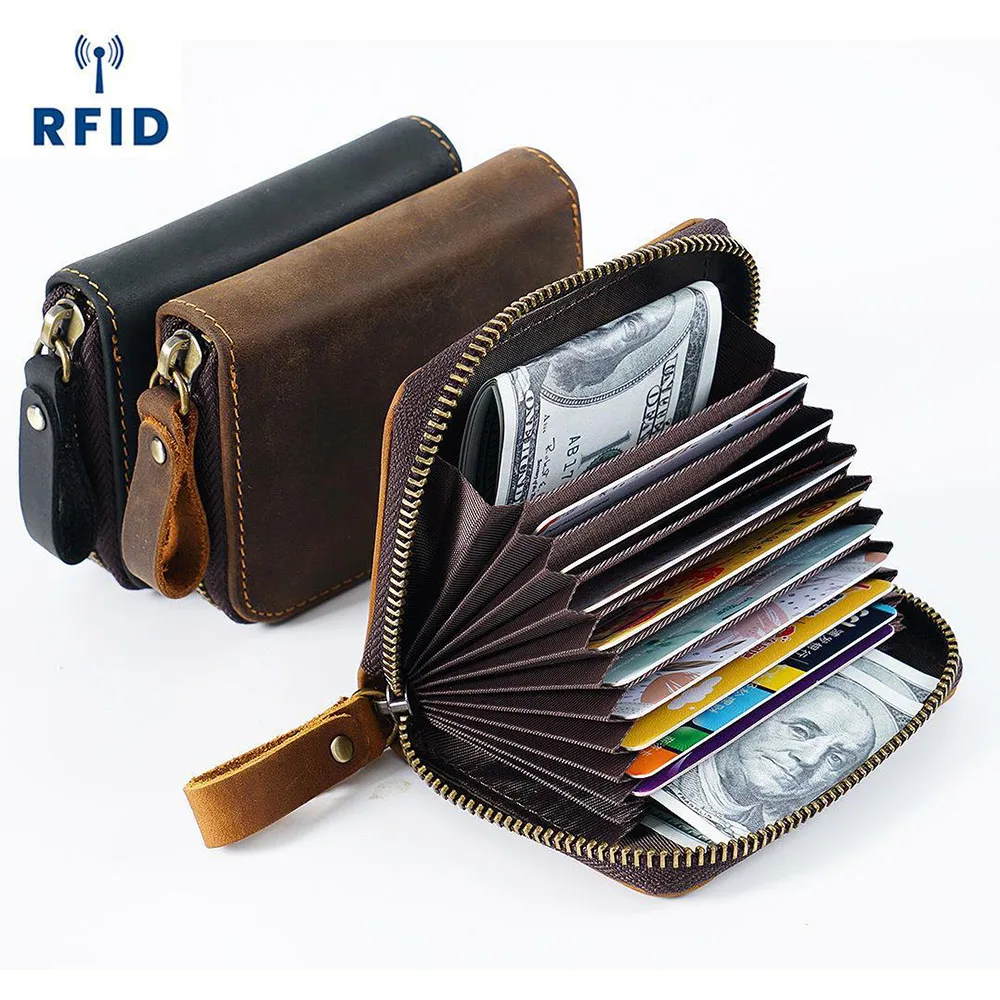 Leather RFID Blocking Credit Card Holder - Stylish Accordion Design Wallet with 11 Card Slots & Change Coin Pocket for Women Men