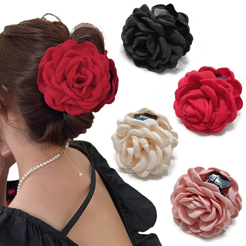 Vibrant Cotton Rose Flower Hair Claw Clips - Medium Size Shark Clamp