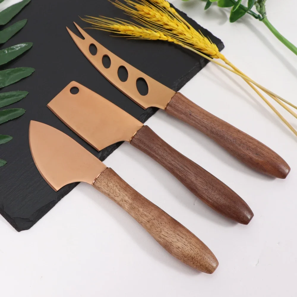 Gold/Silver Cheese Butter Spreader Knife Set Pronged Knives Stainless Steel with Walnut Wood Handle High-end Cheese Cleaver