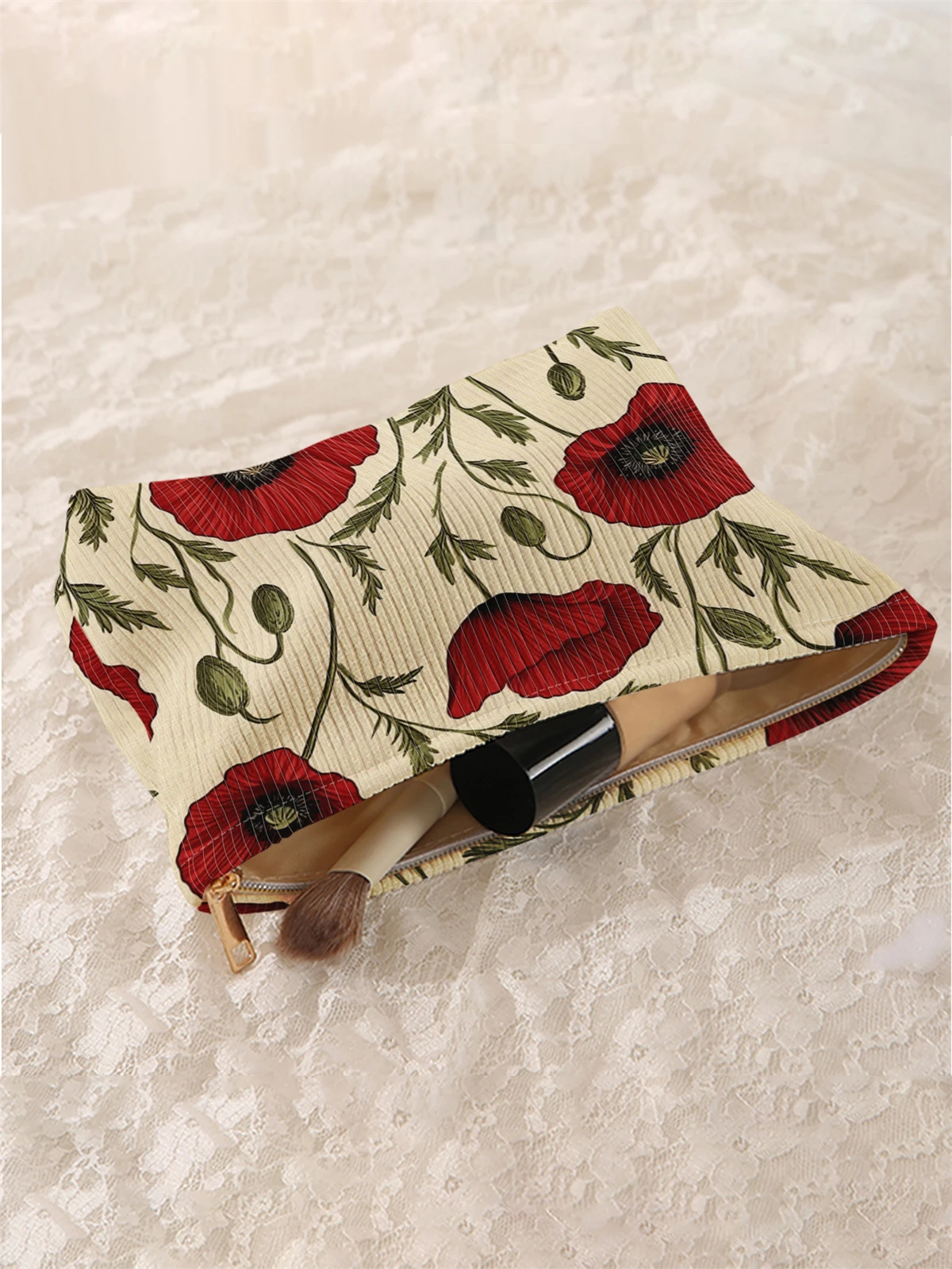 1 floral patterned printed corduroy makeup bag, lightweight zipper makeup storage box, multifunctional bag with lining