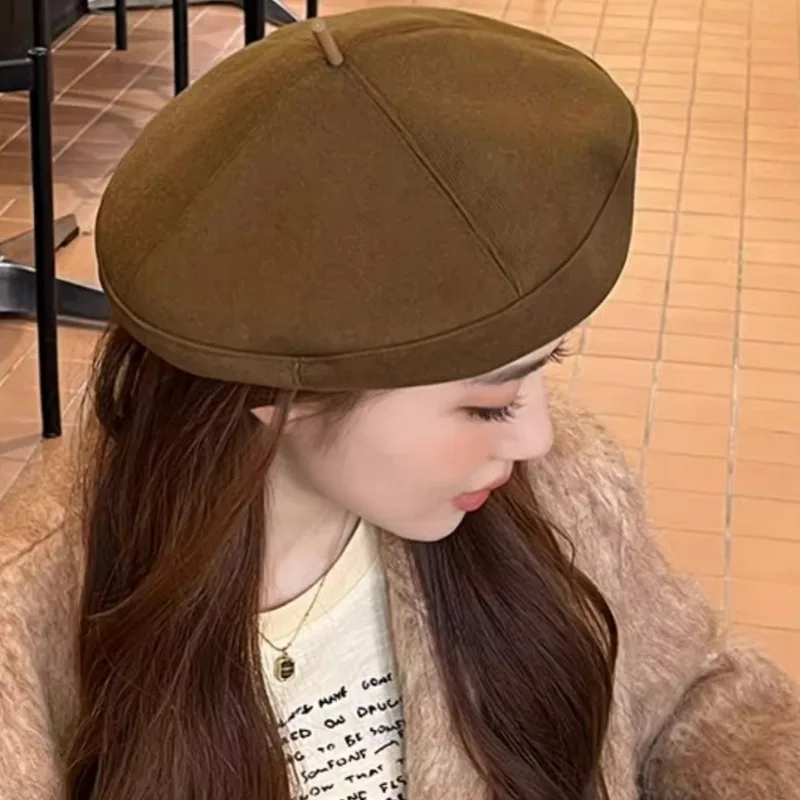 Retro Handmade Beret Spring Autumn Women Black Beige Woolen Beret Khaki Brown Painter Hat Female Winter Temperament Sense Cap