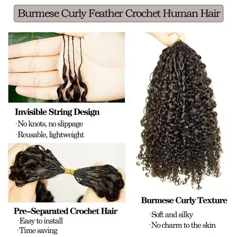 300g Burmese Kinky Curly Crochet Human Hair Knots Feather Crochet Hair Extensions Invisible Knotless Kinky Curly Braiding Hair 3
