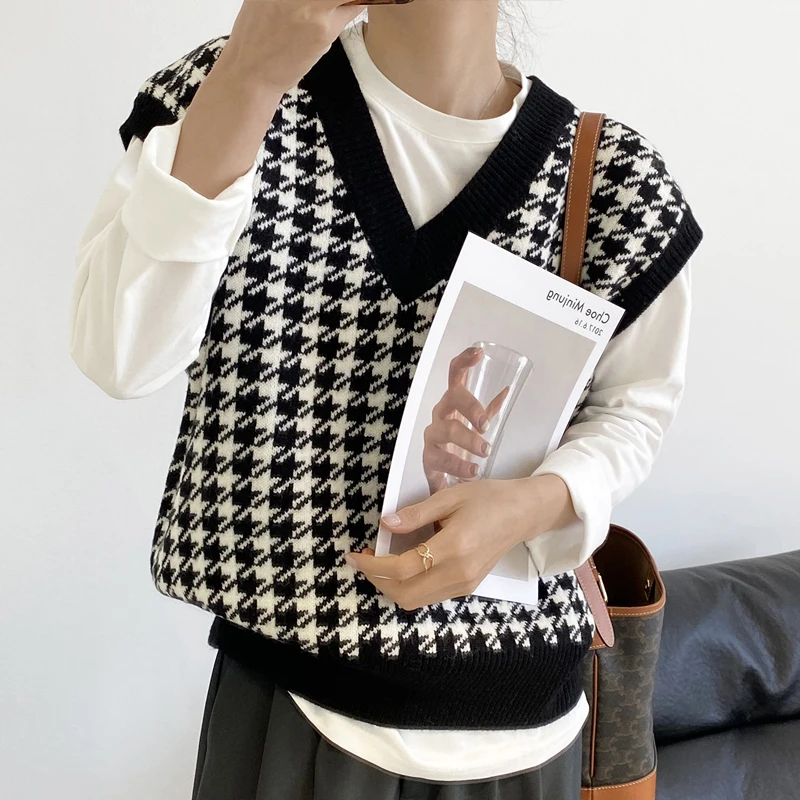 Eleganter Hahnentrittmuster-Pullover mit lockerem Strick, Herbst, V-Ausschnitt, ärmellos, dick, lässig, für Damen, schicke Tops_voghion.com