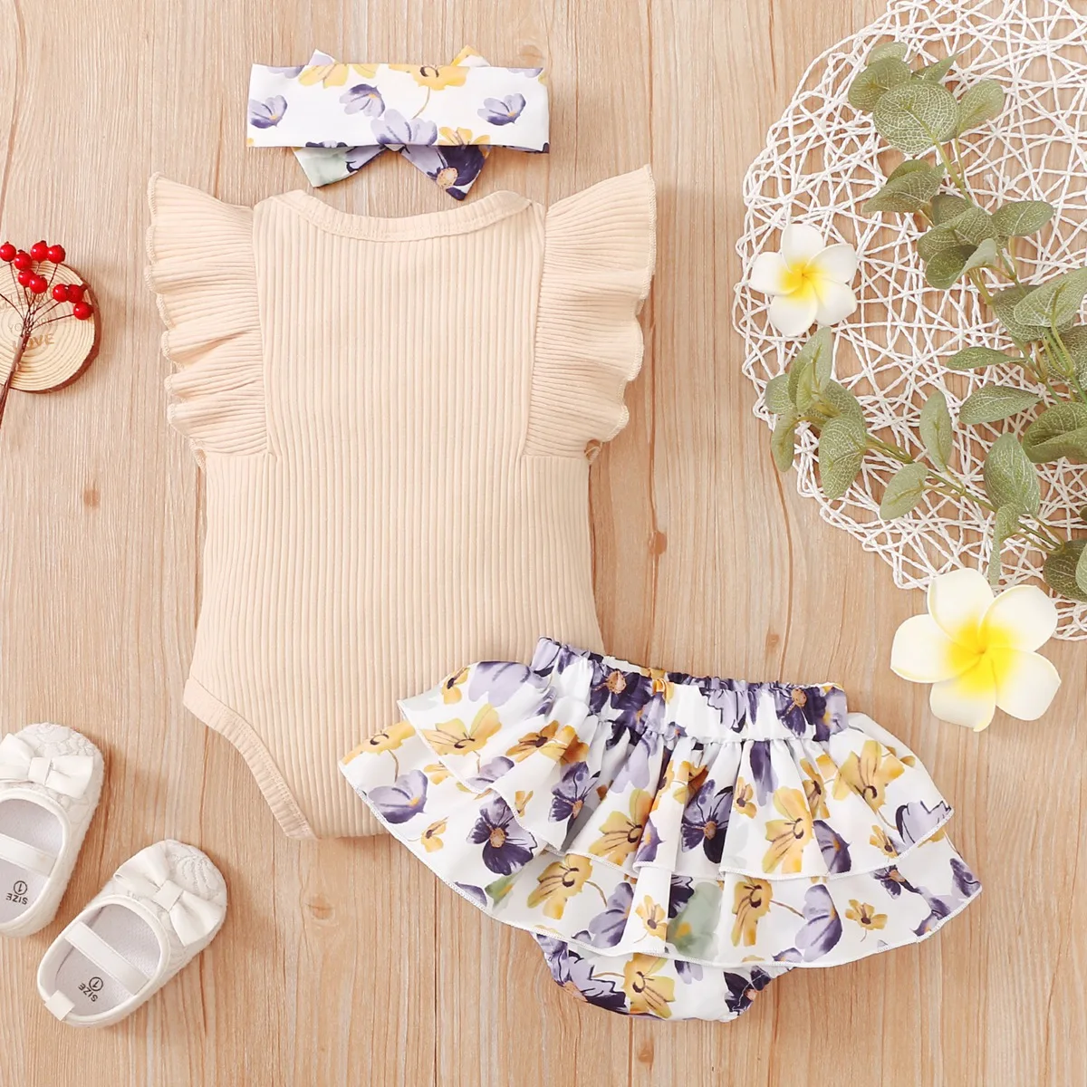 Baby Clothing Set discount hibobi Baby Girl Clothes Set Flower Print Girls Ruffle-sleeve Romper Summer Bodysuit Floral Pattern Shorts Headband Set 3Pcs small baby clothing set	