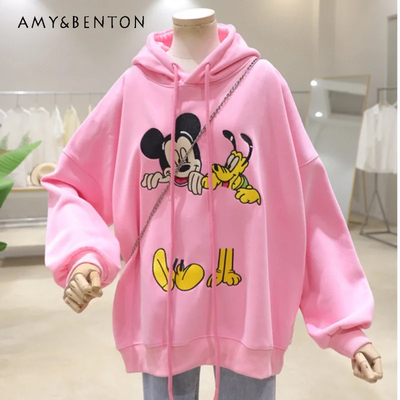 Potdemiel Fleece-lined Warm Cartoon Embroidery Sudaderas 2023 Autumn Winter Loose Hooded Pullovers Long Sleeve Sweatshirts Women