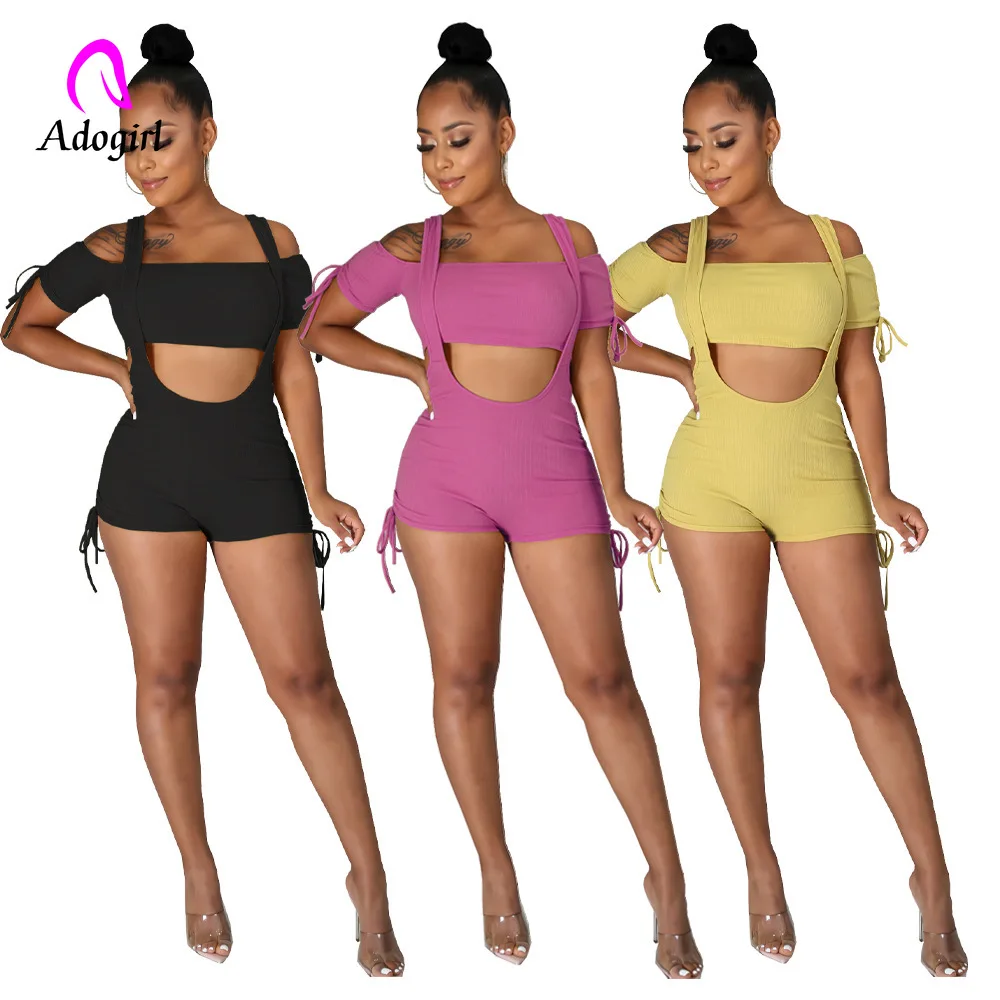 Fitness Women 2 Piece Set Solid Short Sleeve Crop Top Skinny Biker Shorts Matching Suit 2022 Summer Sexy Night Club Tracksuit fitness ribbed wide leg jumpsuits backless elegant luxury outfit 2023 summer women sexy night club halter one piece overalls