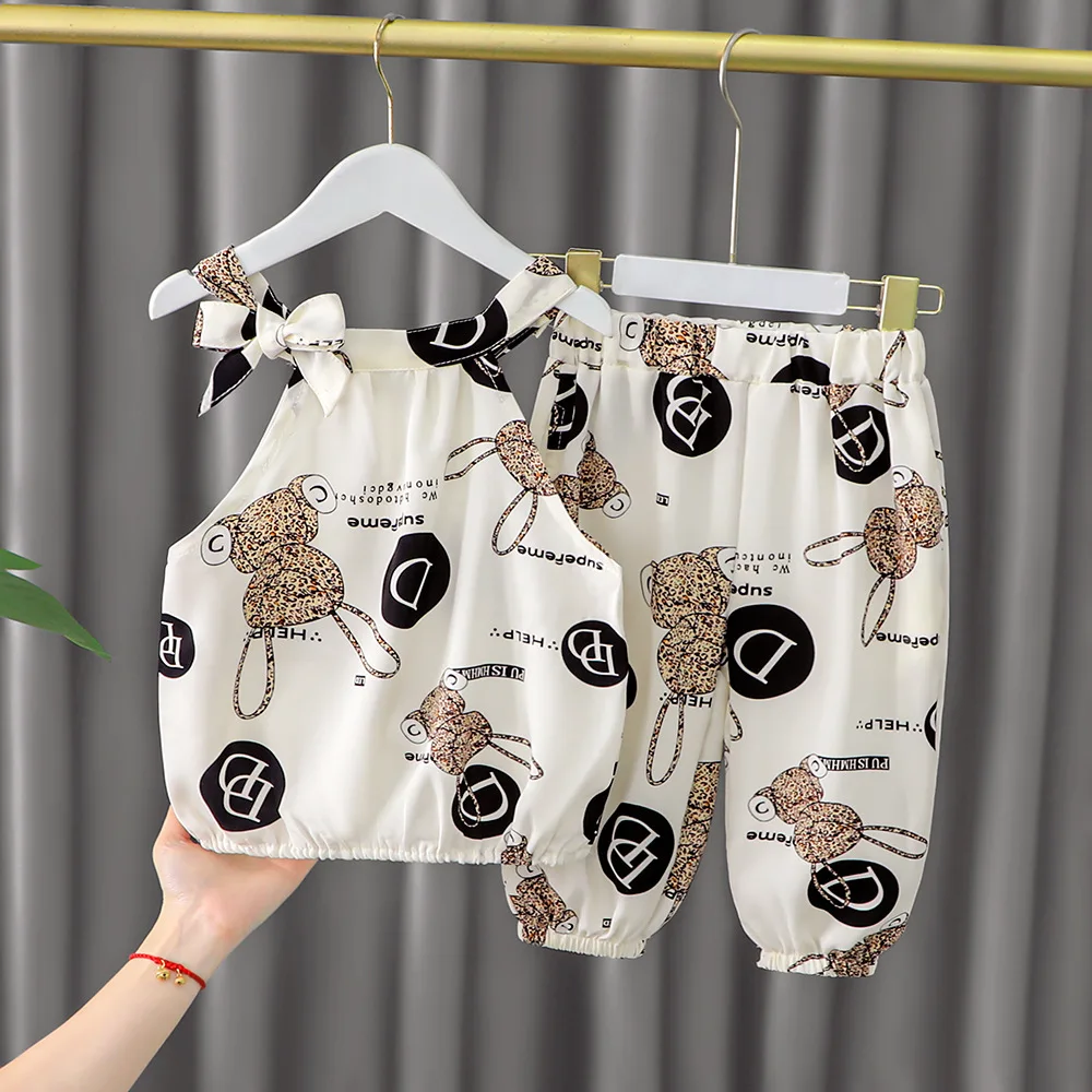 

Summer Girls Clothing Set Cotton Letter Printing Cartoon Pattern Suspenders Top + Pants 2Pcs Suit For 1-5 Years Old Kids Clothes