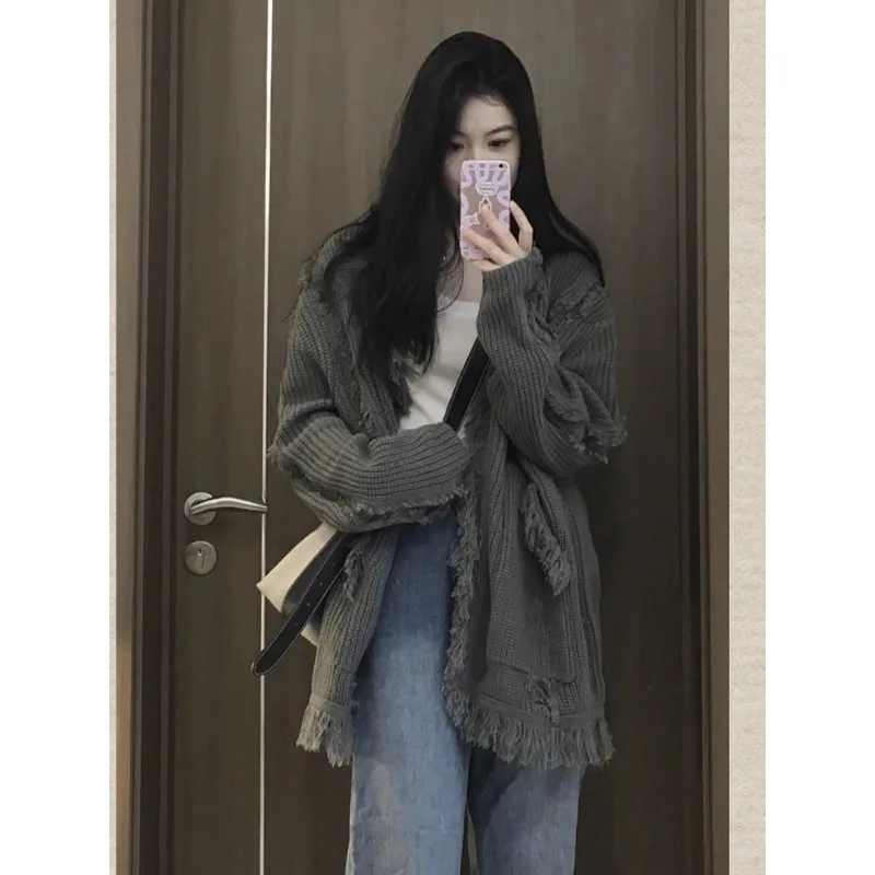 QWEEK 여성용 빈티지 스웨터, 하라주쿠 패션 점퍼, 오버사이즈 가디건, 한국 스트리트웨어, 니트 그레이 스웨터, 가을 시크, 신상
