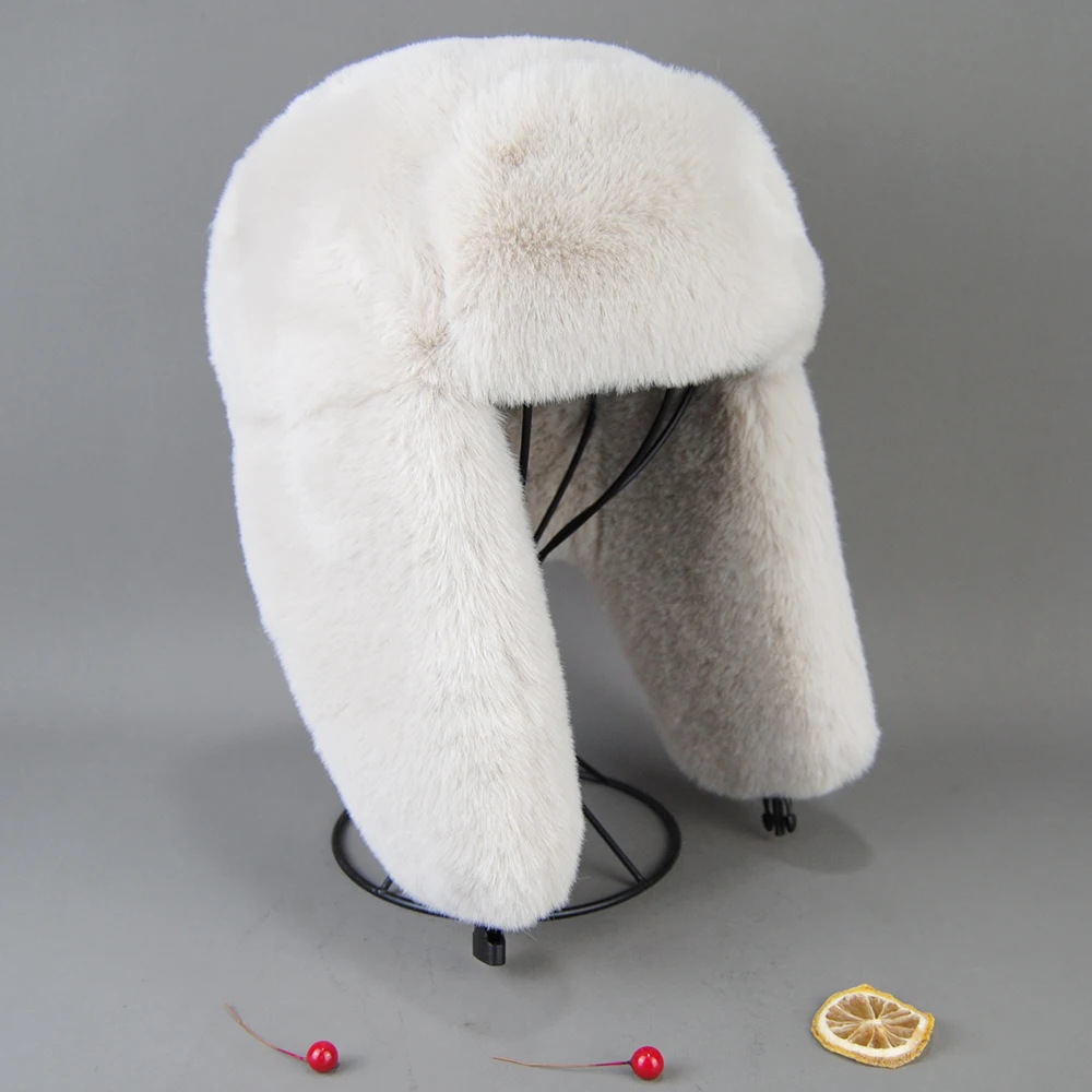 Winter Russian Man Woman White Skin False Rex Rabbit Fur Hats Luxury False Rex Rabbit Fur Cap Unisex Bomber Hat