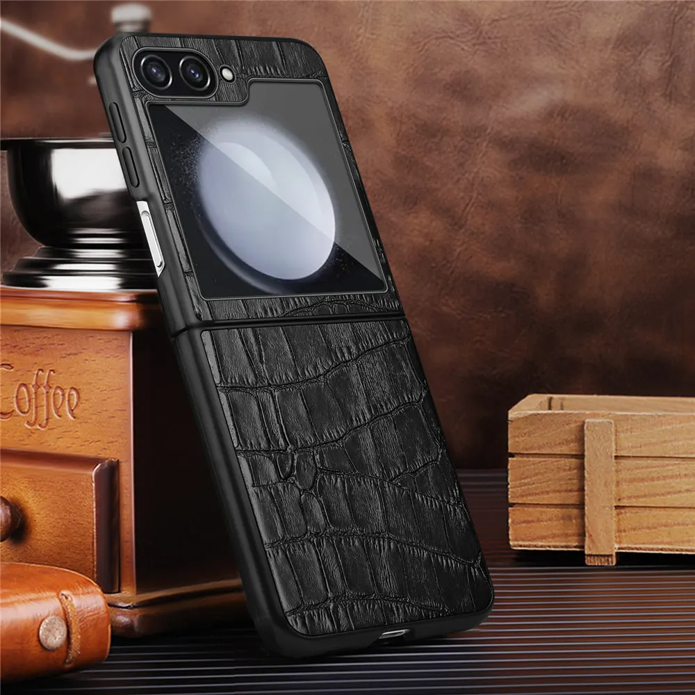 Genuine Cowhide Leather Case For Samsung Galaxy Z Flip 5 4 3 Flip4 Crocodile Pattern Alligator Skin Texture Shockproof Cover